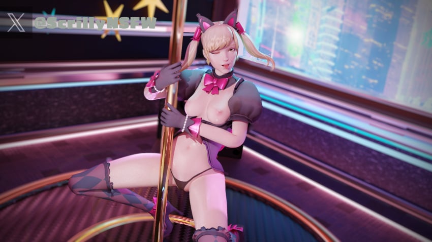 3d black_cat_d.va blonde_hair brown_eyes d.va d.va_(overwatch) female overwatch_2 stripper stripper_pole