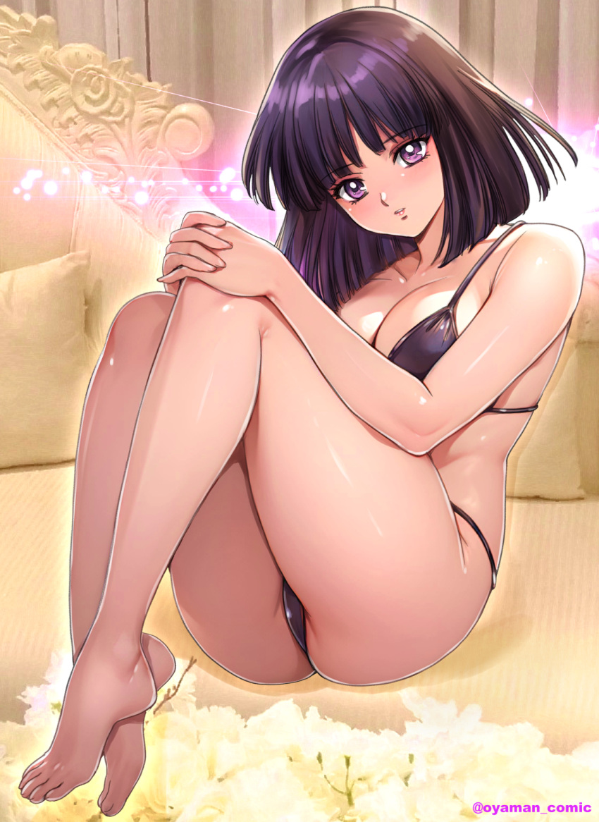 bikini bishoujo_senshi_sailor_moon black_hair cleavage hotaru_tomoe knees_on_chest large_breasts looking_at_viewer medium_breasts medium_hair oyaman purple_eyes sitting sitting_on_bed swimsuit