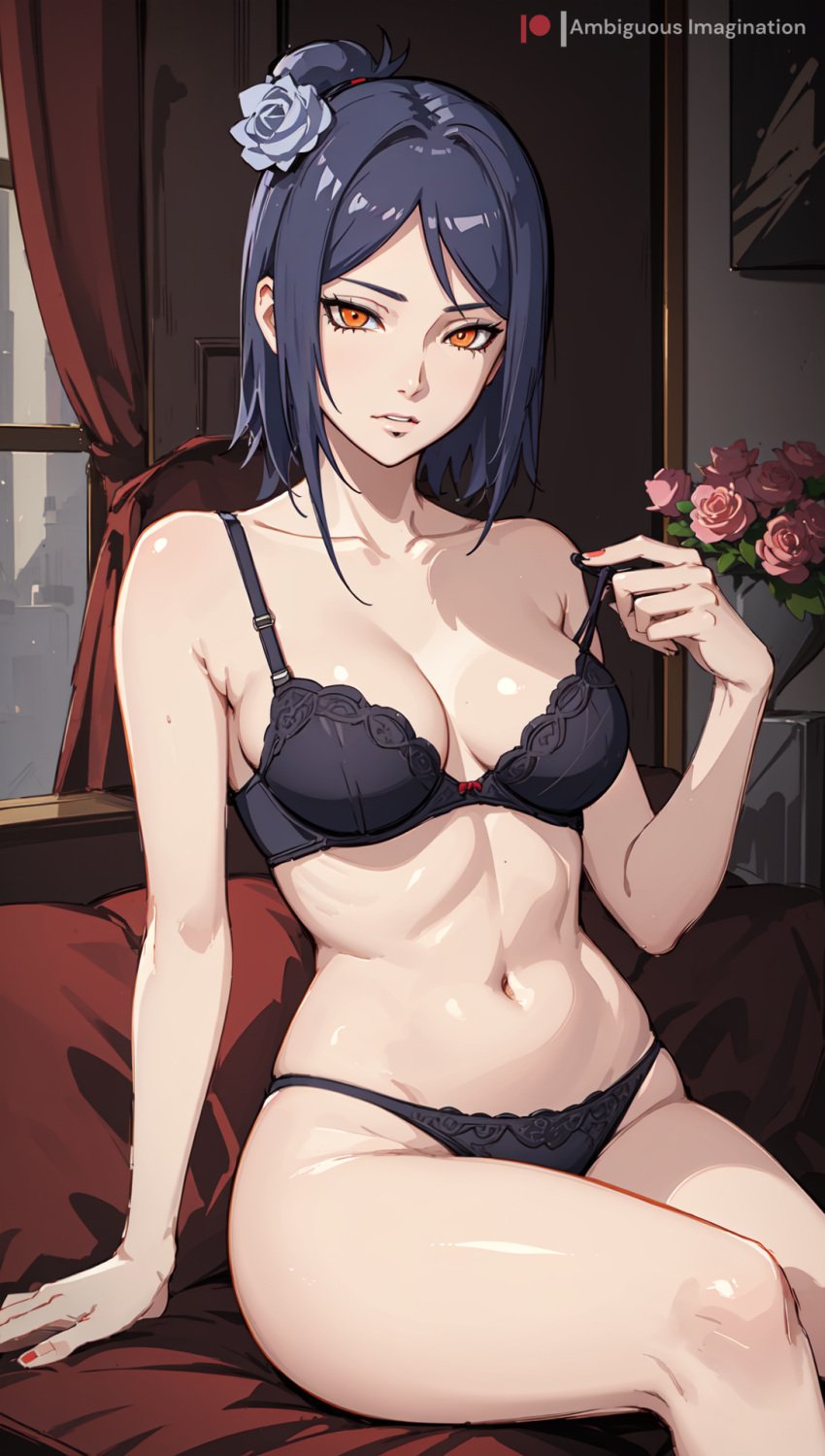 ai_generated ambiguous_imagination konan looking_at_viewer medium_breasts naruto naruto_(series) naruto_shippuden stable_diffusion underwear undressing wide_hips