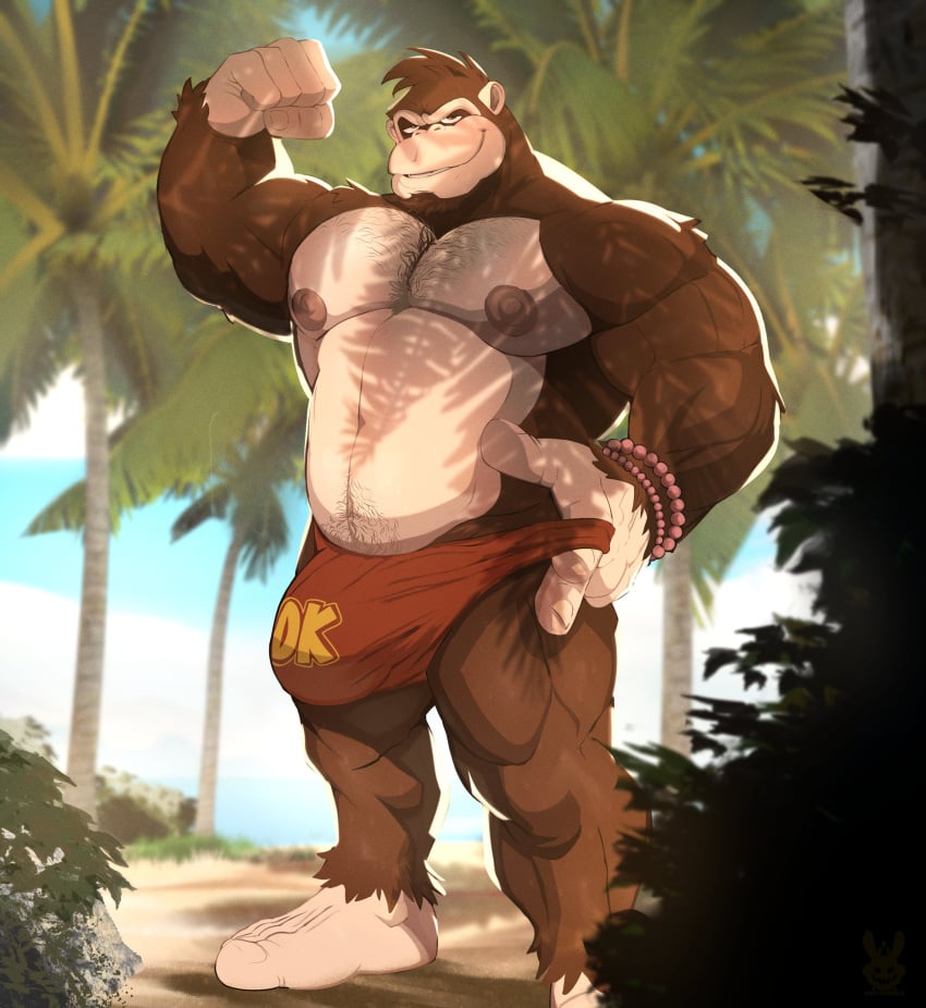 2024 absurd_res anthro anthro_only biped bracelet bulge detailed_background digital_drawing_(artwork) digital_media_(artwork) donkey_kong donkey_kong_(series) flufflecraft fur hi_res jewelry looking_at_viewer male male_only muscular muscular_anthro muscular_male nintendo nipples outside palm_tree plant solo standing tree