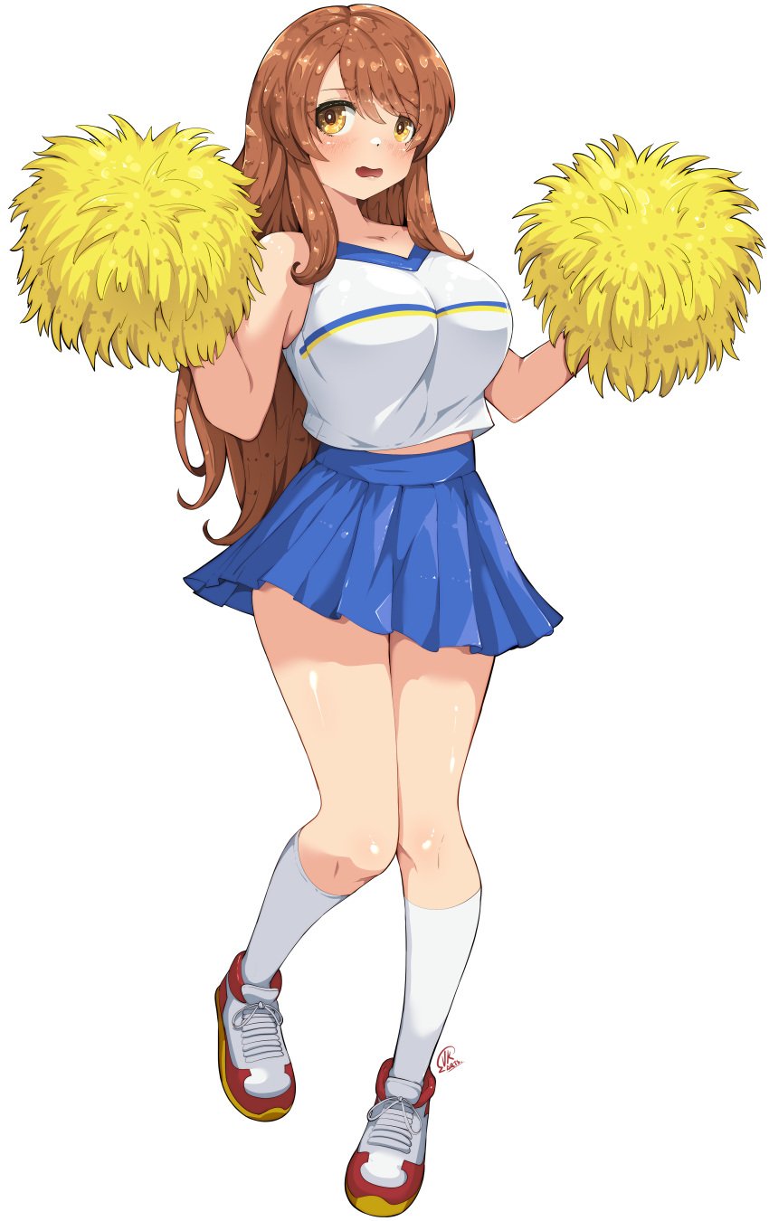 asahina_mikuru brown_eyes cheerleader cheerleader_outfit cheerleader_uniform female knee_socks kneehighs kneesocks large_breasts orange_hair pom_pom_(cheerleading) shoes sneakers socks socks_and_shoes suzumiya_haruhi_no_yuuutsu teenage_girl teenager white_socks younger_female