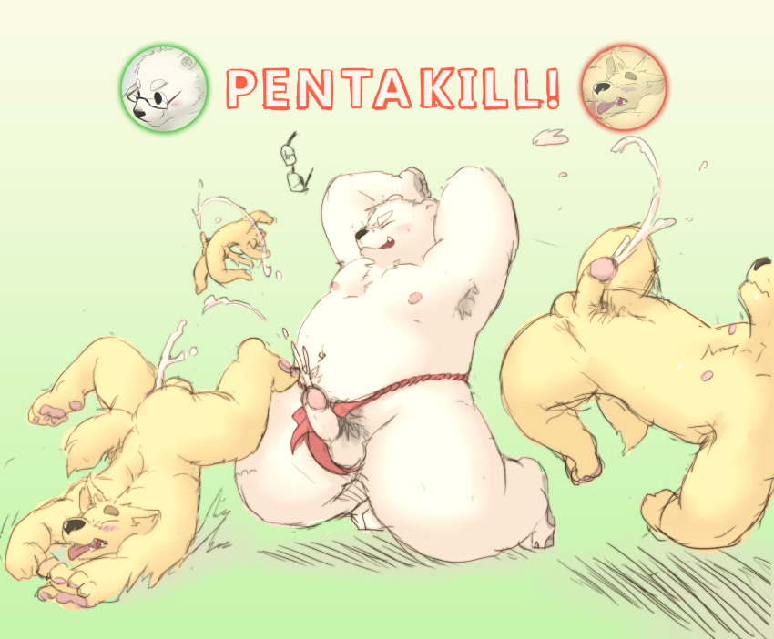 armpits balls bear black_nose blush chubby clothing cum cumshot english_text eyebrows eyeglasses fundoshi furry furry_only gay group humanoid_penis humor kemono male mammal navel nude orgasm penis polar_bear stevenlew teeth text tongue tongue_out underwear