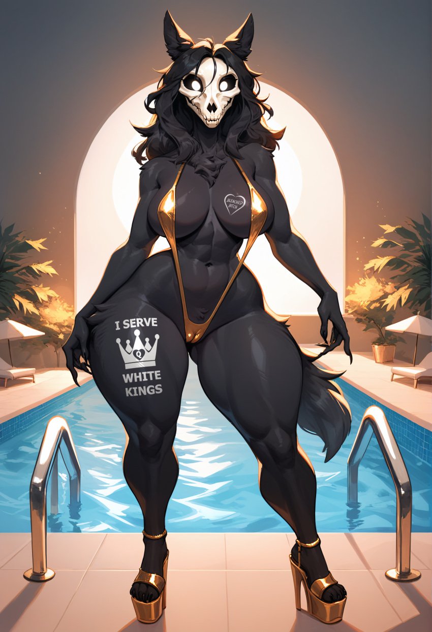 1girls ai_generated anthro big_breasts black_fur black_hair black_sclera bleached breasts cameltoe canid canine female female_only fur furry high_heels looking_at_viewer mal0 malo mammal monster platform_heels pool queen_of_hearts raceplay racist_tattoo scp-1471 scp-1471-a scp_foundation slingshot_swimsuit solo solo_female swimsuit tail tattoo thick_thighs thighs wide_hips yuroart