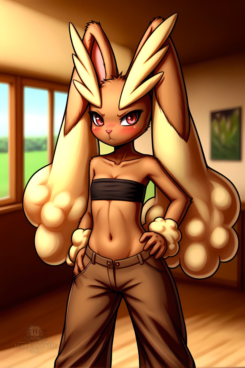 ai_generated anthro black_topwear blush brown_fur brown_pants female flat_chested fly_open halfaslime hand_on_hip lopunny pokémon_(species) pokemon pokemon_(species) red_eyes solo standing tubetop