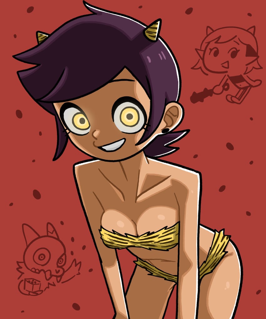 1girls amity_blight cosplay earrings female holding_object horns kanabou king_clawthorne latina lum_(cosplay) luz_noceda n___k___m pointy_ears purple_hair short_hair skull solo solo_female the_owl_house underwear urusei_yatsura weapon yellow_eyes