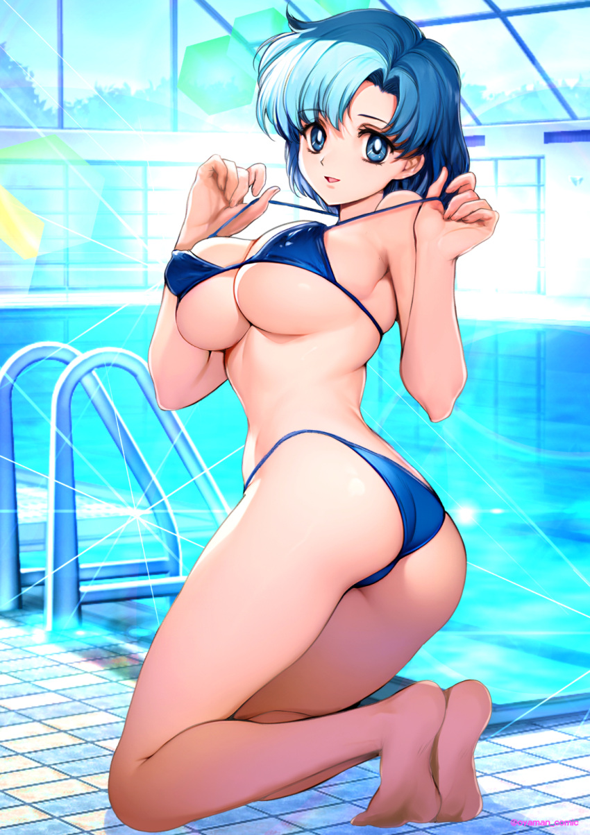 1girls ami_mizuno ass bikini bishoujo_senshi_sailor_moon blue_eyes blue_hair erect_nipples_under_bikini kneeling large_breasts lifting_strap looking_at_viewer medium_breasts oyaman pool poolside short_hair swimsuit