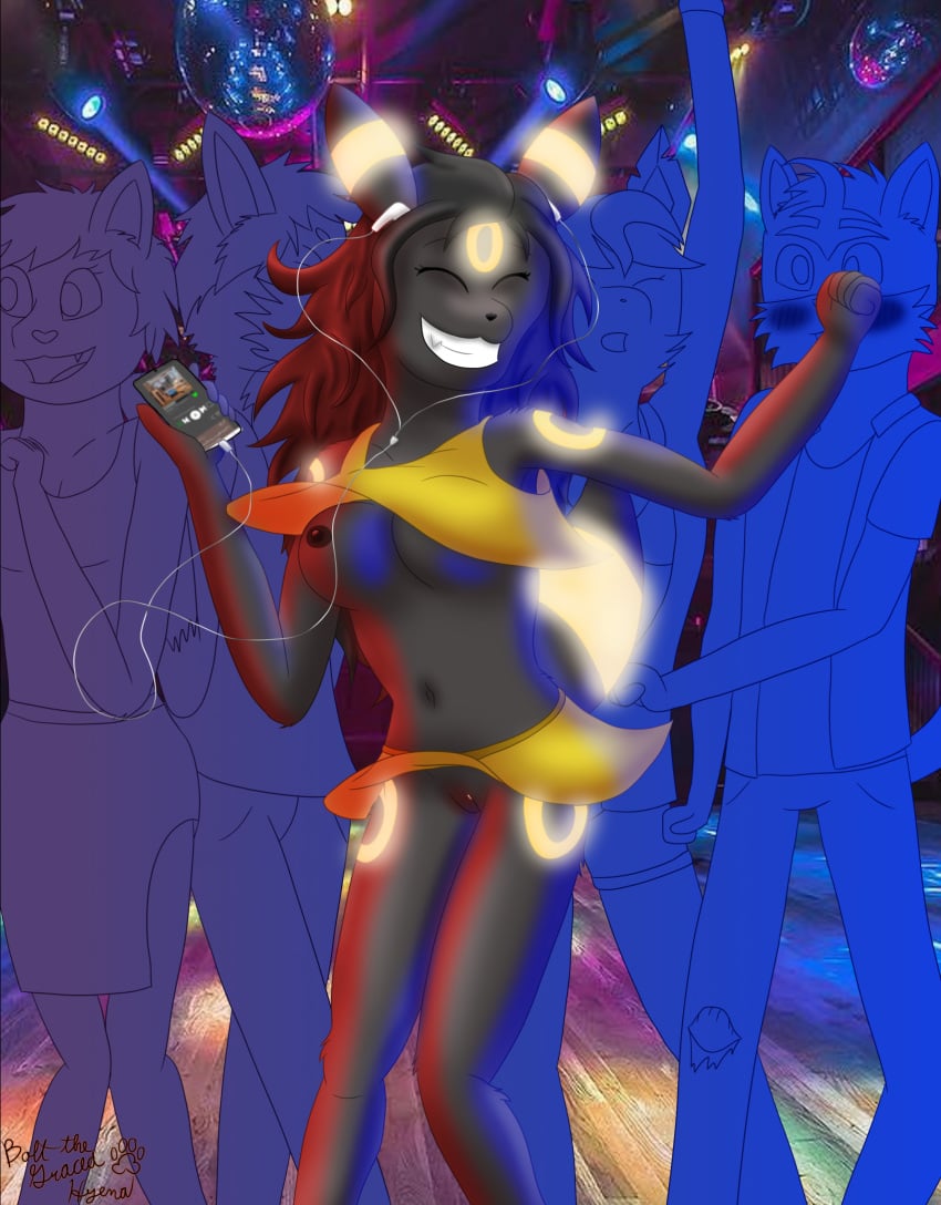 anthro black_body black_fur black_hair bottomwear breasts closed_eyes clothing crop_top dancing disco_ball eeveelution electronics female fur generation_2_pokemon genitals glowing glowing_markings hair headphones hi_res male markings midriff nintendo nipples phone photo_background photography_(artwork) pokemon pokemon_(species) pussy scoutthecat02 shirt skirt smile solo solo_focus topwear umbreon wardrobe_malfunction