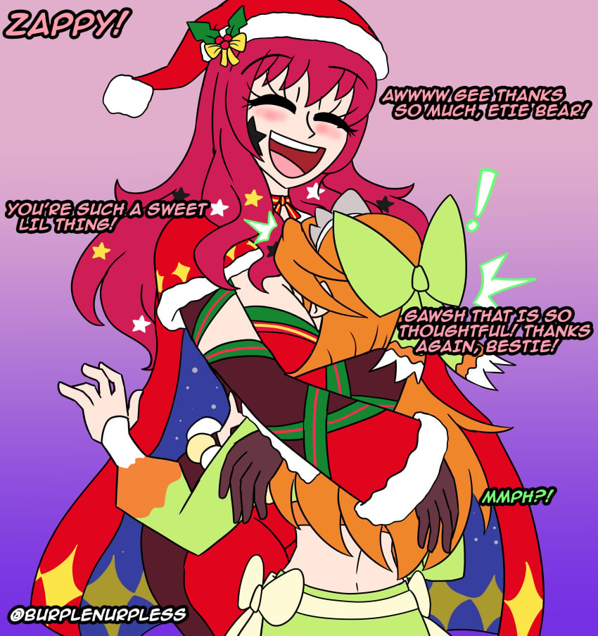 ! 2girls alternate_costume assertive assertive_female back bare_back blush bodysuit breast_smother breasts burplenurpless cape christmas_tree cleavage closed_eyes cuddling embarrassed english_text etie_(fire_emblem) facial_tattoo female female_only fire_emblem fire_emblem_engage fire_emblem_heroes gift gloves hair_ornament happy hat hourglass_figure hug large_breasts long_hair long_sleeves nintendo official_alternate_costume open_mouth orange_hair pink_hair red_eyes red_hair santa_hat shocked smile star star_(symbol) tattoo text very_long_hair wholesome wide_hips yunaka_(fire_emblem) yunaka_(fire_emblem)_(spirited_envoy) yuri