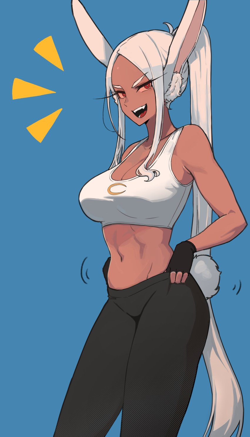 abs athletic athletic_female breasts bunny_ears bunny_girl bunny_tail cleavage dark-skinned_female dark_skin eyebrows eyelashes fangs hair large_breasts leggings long_eyelashes long_hair long_ponytail midriff ponytail powtaytow3333 red_eyes smile tail very_long_hair white_hair workout_clothes