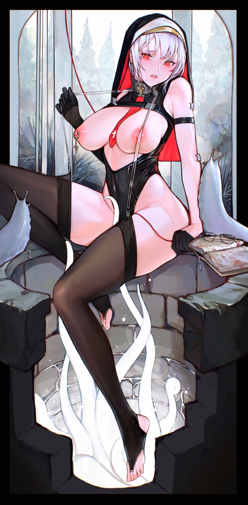 collar female iuui metal_collar nipple_piercing nun piercing revealing_clothes skimpy_clothes stockings tagme