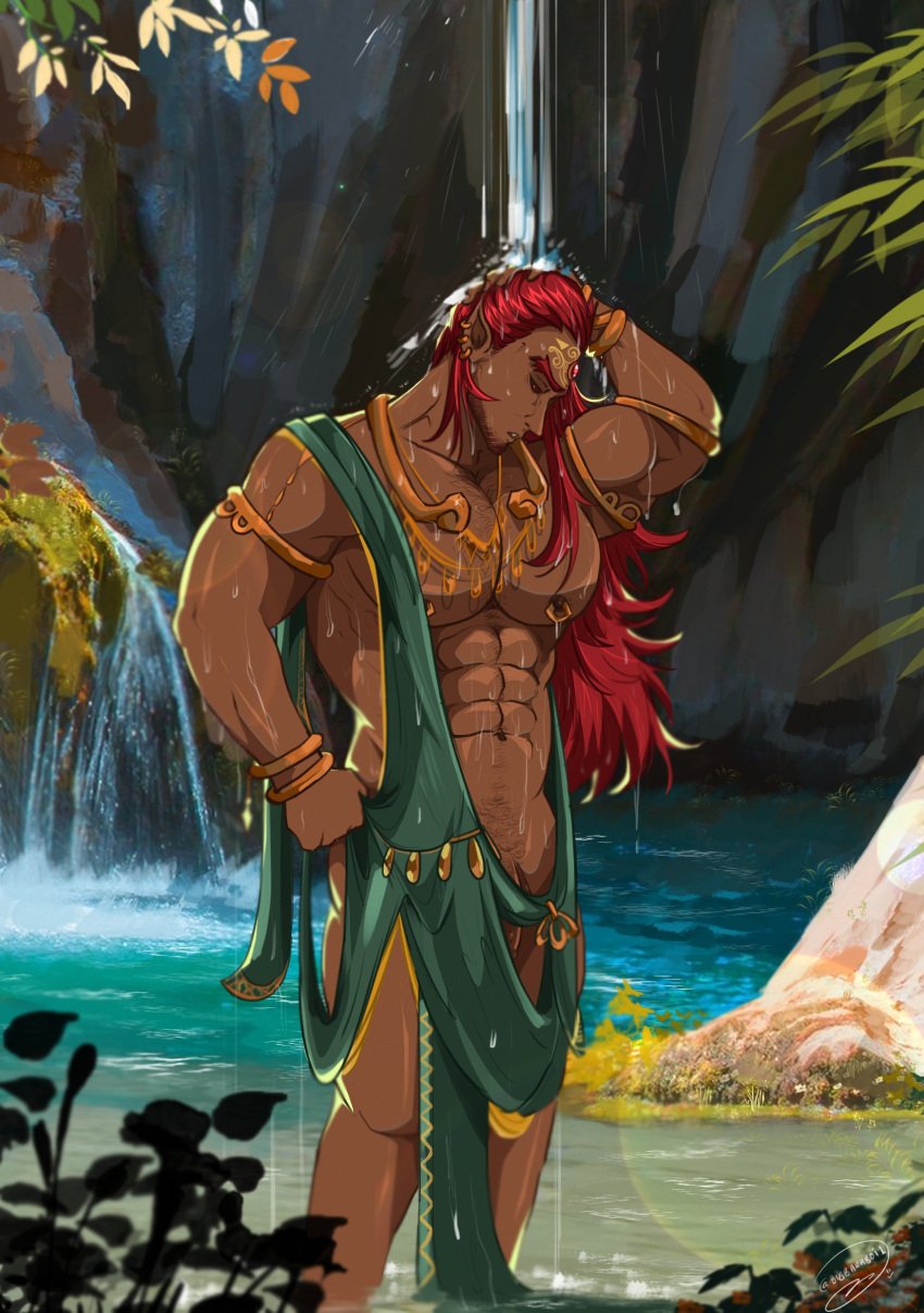 balls bara beard bigbaraboi brown_skin facial_hair flaccid ganondorf gerudo male male_only muscles muscular nintendo penis red_hair rehydrated_ganondorf solo solo_male the_legend_of_zelda wet