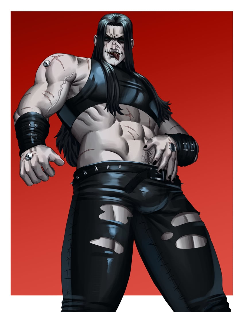 1boy black_sclera bulge crop_top dark_hair happy_trail imperium_of_man konrad_curze male male_only masculine night_lords nightmare_husbando pale-skinned_male post-human primarch ripped_pants scars sharp_teeth sigmansfw solo tongue_out warhammer_(franchise) warhammer_40k