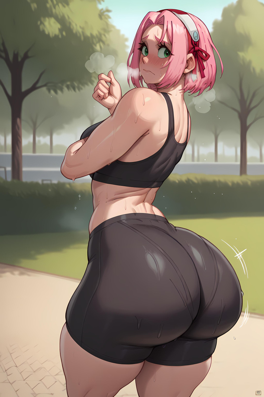 1girls ai_generated ass azure_(artist) big_ass bike_shorts black_shorts black_sports_bra bottom_heavy breasts dumptruck_ass embarrassed exercise fat_ass huge_ass inconvenient_ass jogging large_breasts looking_at_viewer massive_ass nai_diffusion naruto naruto_(series) outdoors outside pantylines pink_hair rizdraws_(ai_style) running sakura_haruno short_hair shorts spats sports_bra stable_diffusion tight_pants tired wide_hips