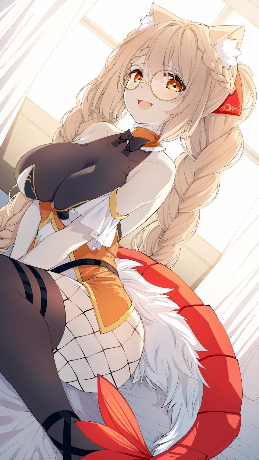 animal_ear_fluff animal_ears bare_shoulders blonde_hair bow braid breasts cleavage collarbone ebiko_(vtuber) female fishnets glasses large_breasts long_hair looking_at_viewer open_mouth orange_eyes pantyhose round_eyewear sitting smile solo tail thighhighs twin_braids twintails very_long_hair virtual_youtuber window