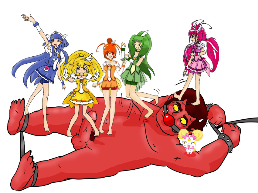 1boy akaoni ball_gag blush bondage bound bow candy_(smile_precure) clothing color cuffs cure_beauty cure_happy cure_march cure_peace cure_sunny domination feet femdom footjob gag hair horns hoshizora_miyuki huge_cock human interspecies magical_girl mycrunchycookie oni penis pretty_cure red_oni red_skin restrained size_difference smile_precure straight trampling white_background yayoi_kise