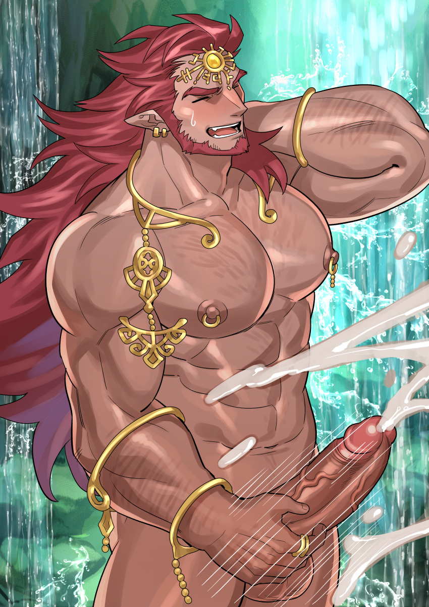 balls bara beard boner cum erection facial_hair ganondorf gerudo kienbiu male male_only masturbation muscles muscular nintendo nude orgasm penis red_hair rehydrated_ganondorf solo solo_male the_legend_of_zelda