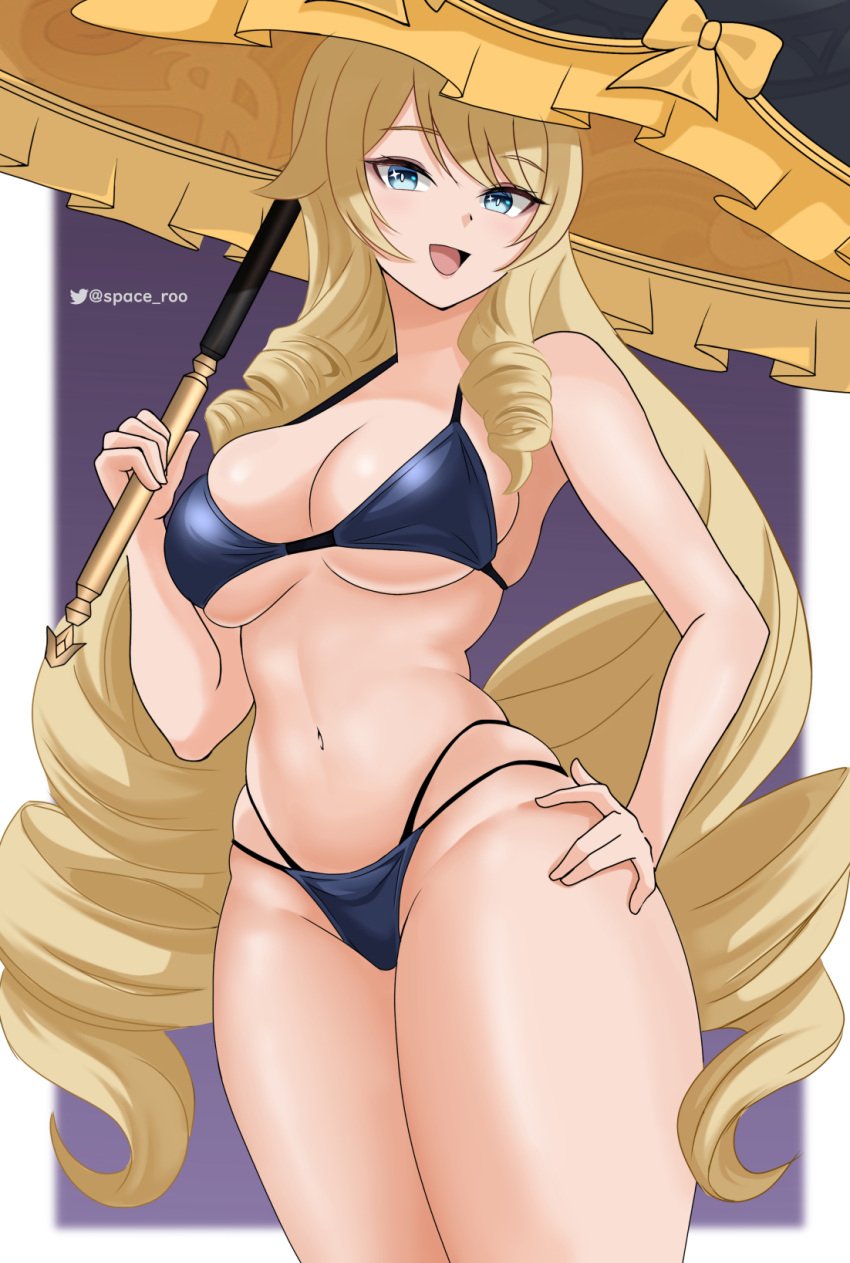 1girls big_breasts bikini bikini_bottom bikini_top black_bikini blonde_hair blue_eyes bottomwear breasts cleavage female female_only genshin_impact hair hand_on_hip holding_object huge_breasts long_hair navia_(genshin_impact) smile solo solo_female space_roo swimwear thick_thighs thighs topwear umbrella