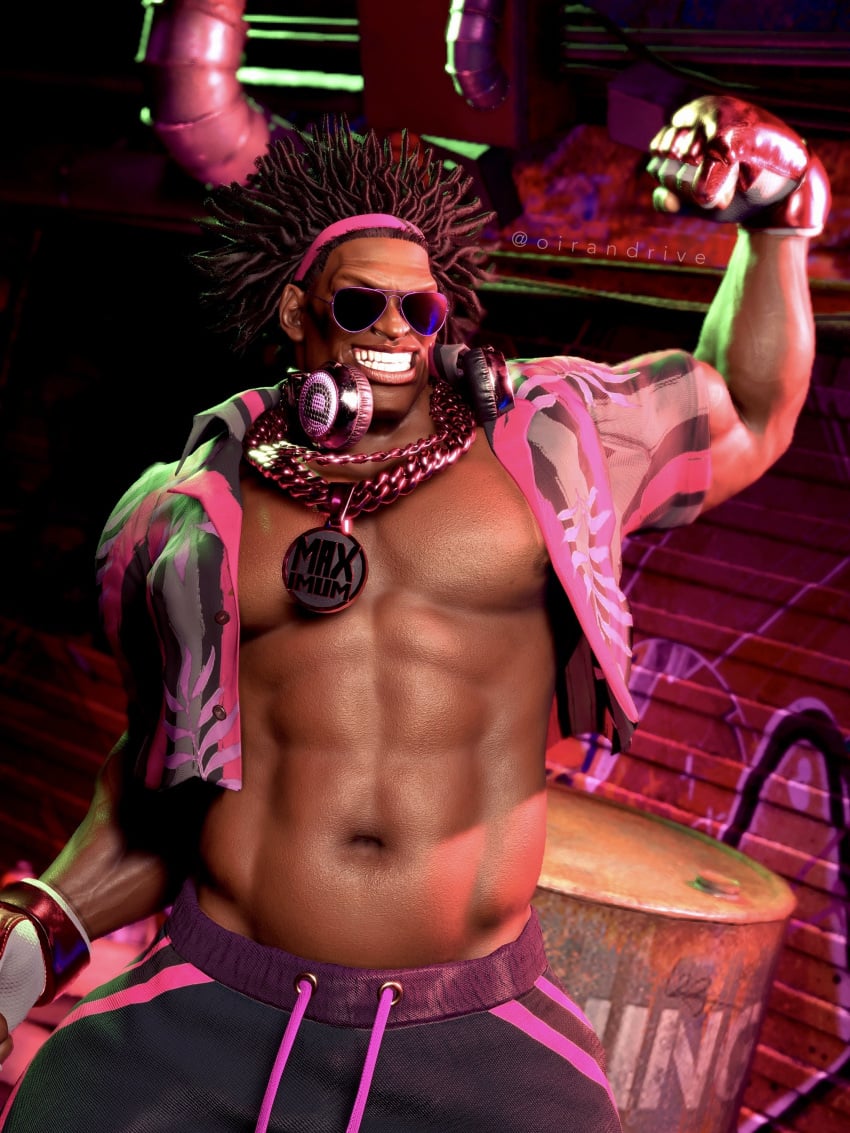 1boy 1human 3d 3d_model aviator_sunglasses bara bara_tiddies bara_tits capcom dark-skinned_male dark_skin dee_jay male male_focus male_only melanin muscles muscular muscular_male oirandrive shirt_open solo solo_male street_fighter street_fighter_6