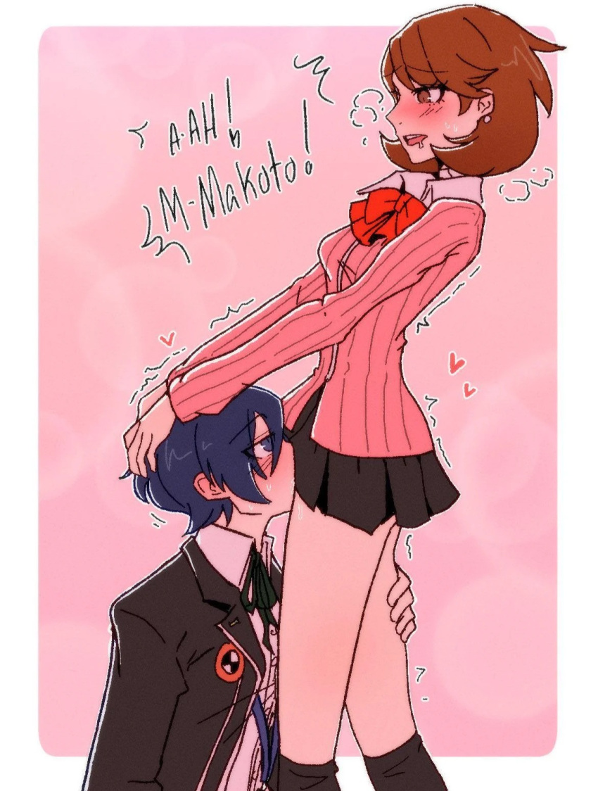 <3 blue_eyes blue_hair blush blushing bow brown_eyes brown_hair clothed clothing cunnilingus drool eating_pussy grabbing_thighs holding_head makoto_yuki minato_arisato open_mouth persona persona_3 persona_3_reload pussy_licking raydeluxxxe red_hair short_hair short_skirt simple_background skirt small_breasts text trembling video_game_character video_games yukari_takeba