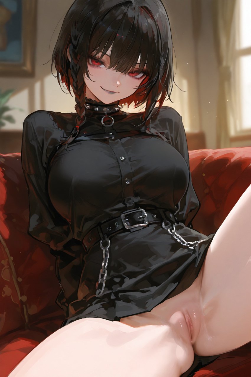 ai_generated black_hair black_lipstick clowenqq goth goth_girl large_breasts makeup original original_character red_eyes twin_braids twintails