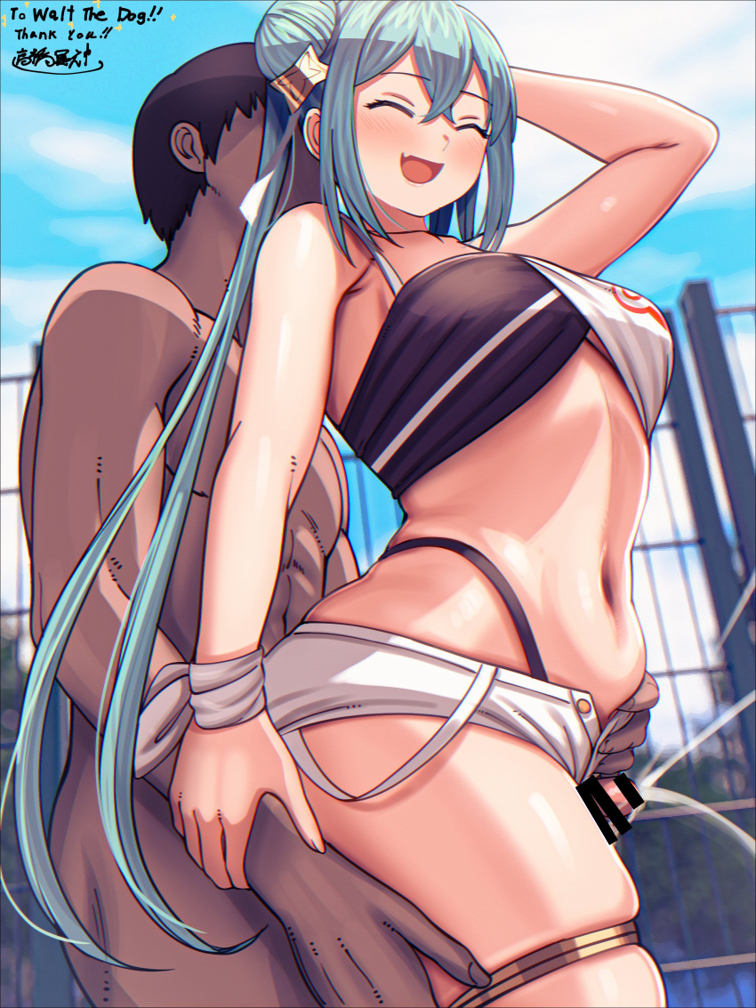 1boy 1girls big_penis blue_hair breasts closed_eyes cum from_behind goodsmile_racing hatsune_miku open_mouth racing_miku sex swimsuit thick_thighs thigh_grab thigh_sex vocaloid