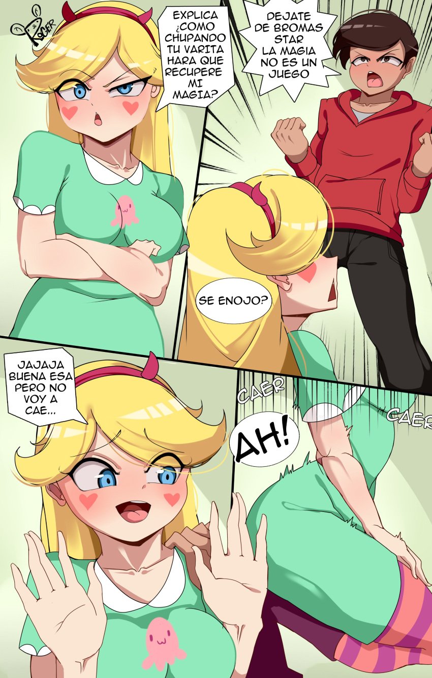 1boy 1girls blonde_hair blue_eyes brown_eyes brown_hair clothed comic comic_page crossed_arms demon_horns female headwear heart heart_cheeks kneeling latino long_hair male marco_diaz roger_(artist) spanish_text star_butterfly star_vs_the_forces_of_evil