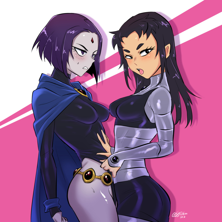 2girls black_hair blackfire blue_cloak blush cloak colored_skin dc_comics female female_only grey_skin hand_on_another's_stomach highres leotard leotard_pull long_hair looking_at_another miniskirt multiple_girls open_mouth pointy_ears pulling_another's_clothes purple_hair raven_(dc) short_hair skirt sweat sytokun tagme teen_titans thighs tongue tongue_out yuri