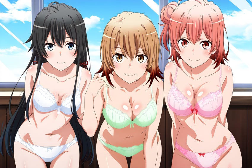 3girls ai_generated black_hair blonde_hair blue_eyes bra classroom isshiki_iroha my_teen_romantic_comedy_snafu orange_eyes orange_hair smile yellow_eyes yuigahama_yui yukinoshita_yukino