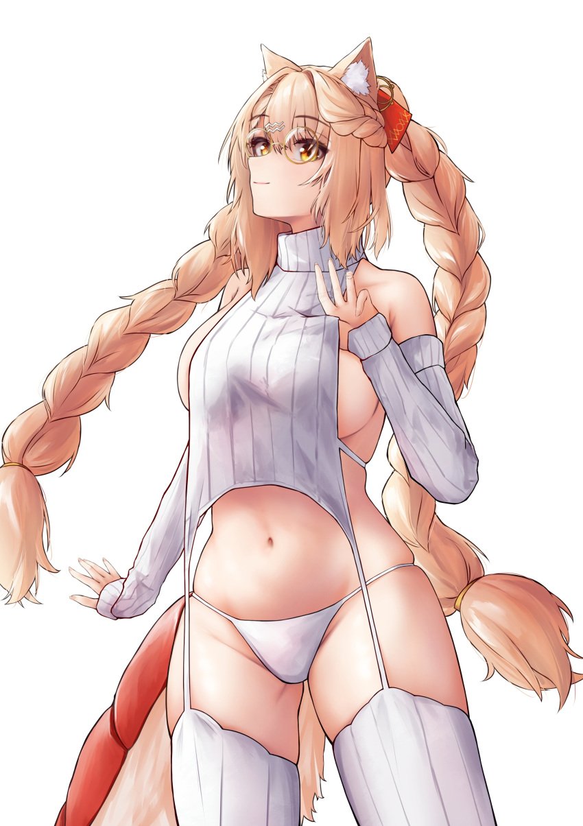 animal_ear_fluff animal_ears bangs bare_shoulders blonde_hair braid breasts closed_mouth cowboy_shot crop_top detached_sleeves ebiko_(vtuber) female garter_straps glasses hair_between_eyes large_breasts long_hair long_sleeves looking_at_viewer navel panties ribbed_sweater sideboob simple_background skindentation sleeveless smile solo standing stomach sweater tail thighhighs turtleneck turtleneck_sweater twin_braids twintails underwear very_long_hair virtual_youtuber white_background white_panties white_sweater white_thighhighs yellow-framed_eyewear yellow_eyes