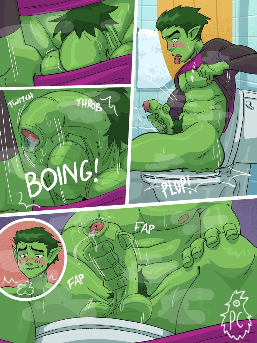 1boy balls bara bara_tits barazoku beast_boy beast_boy_(teen_titans) big_balls big_penis blush boner clothing comic completely_nude completely_nude_male dc dc_comics english_text erection garfield_logan gay giant gooner gooning green_body green_hair green_skin hand_on_penis hard_on lad male male_focus male_nipples male_only male_pubic_hair manly masturbation muscular muscular_male nipples nude penis pinecone_chicken precum precum_drip pubic_hair pubic_hair_in_foreskin solo solo_male sweat sweaty sweaty_body taking_clothes_off teen_titans text tight_clothing touching_penis unaware yaoi