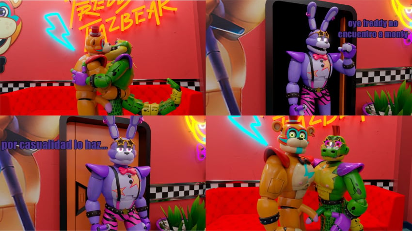 3d alligator alligator_tail alligatorid alligatorid_humanoid animatronic anthro background bear biceps blue_nails body_markings bowtie bunny bunny_boy caught caught_in_the_act comic crocodile crocodile_tail crocodilian crocodylid donsombras facial_markings five_nights_at_freddy's five_nights_at_freddy's:_security_breach fnaf gay glamrock_bonnie_(fnaf) glamrock_freddy_(fnaf) green_body kissing lagomorph lagomorph_humanoid lighting_bolt machine male male/male male_focus male_only mohawk mohawk_(hairstyle) montgomery_gator_(fnaf) muscular muscular_anthro muscular_arms muscular_male muscular_thighs non-human non_human non_mammalian_nipples orange_body penis_out pink_glans purple_body red_eyes red_hair reptile reptile_humanoid robot robot_humanoid scottgames simple_background spanish_dialogue spanish_text spiked_bracelet spotted_body steel_wool_studios surprised tail tail_markings tan_body tattoo top_hat two_tone_body ursid ursid_humanoid ursine yellow_eyes