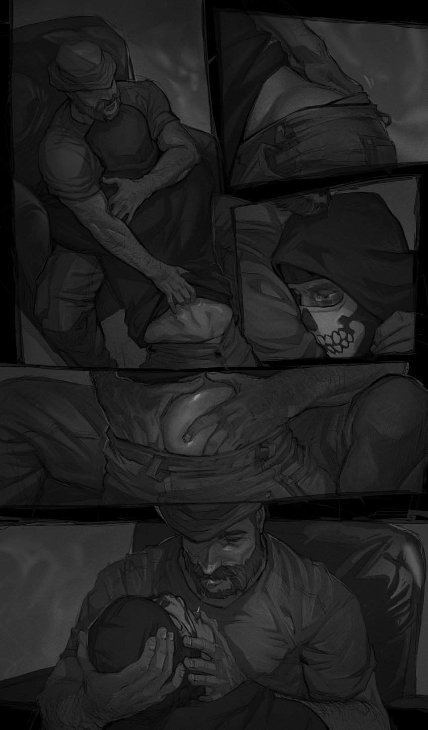 2boys absurdres bara beard call_of_duty call_of_duty:_modern_warfare_2 captain_price clothes_pull dominant_male facial_hair gay gay_domination ghost_(modern_warfare_2) greyscale groping hand_on_another's_ass hat highres hug jacket john_price large_pectorals male_focus maledom malesub mask mature_male monochrome multiple_boys muscular muscular_male netcrow98 pants pants_pull pectorals saliva saliva_trail shirt simon_riley skull_mask spitting_in_mouth submissive_male yaoi