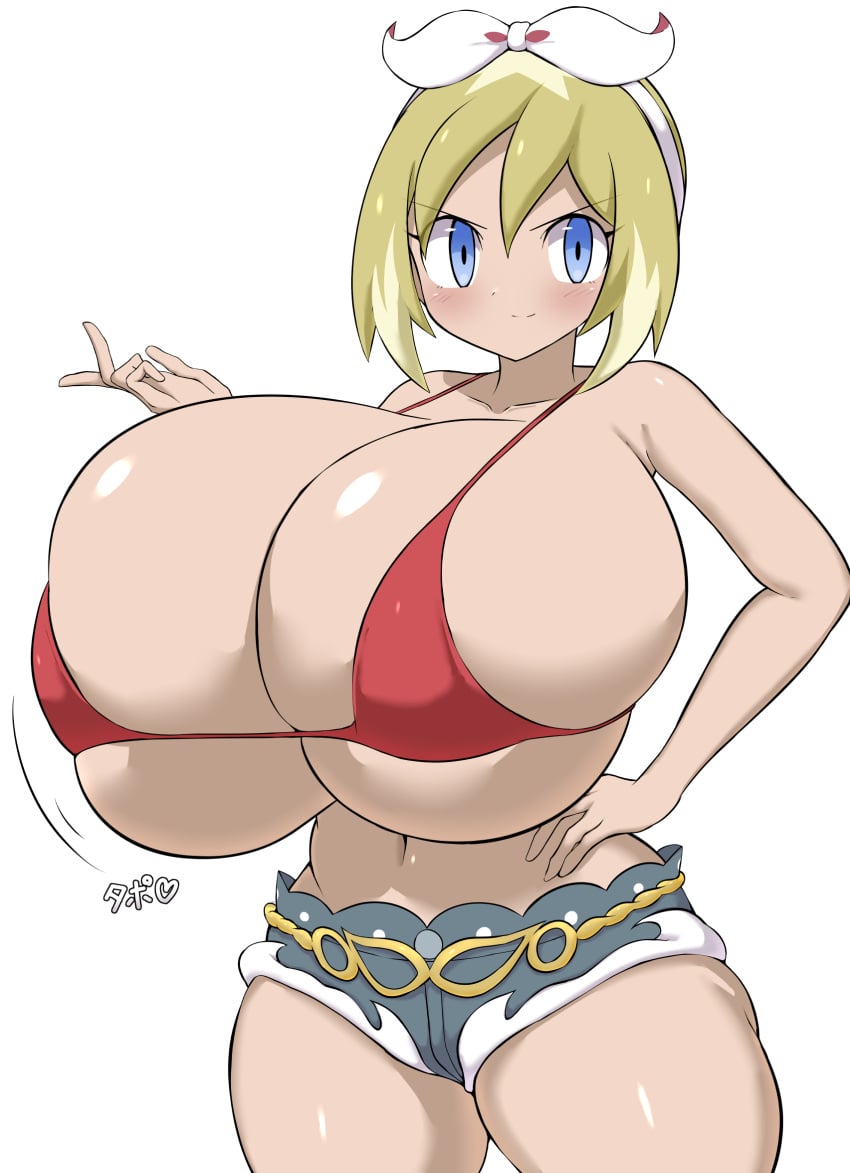 1girls alternate_breast_size bikini blonde_hair blue_eyes booty_shorts breasts cleavage female game_freak huge_breasts hyper_breasts irida_(pokemon) jaga334 light-skinned_female light_skin massive_breasts nintendo pokemon pokemon_legends:_arceus short_hair short_shorts shorts