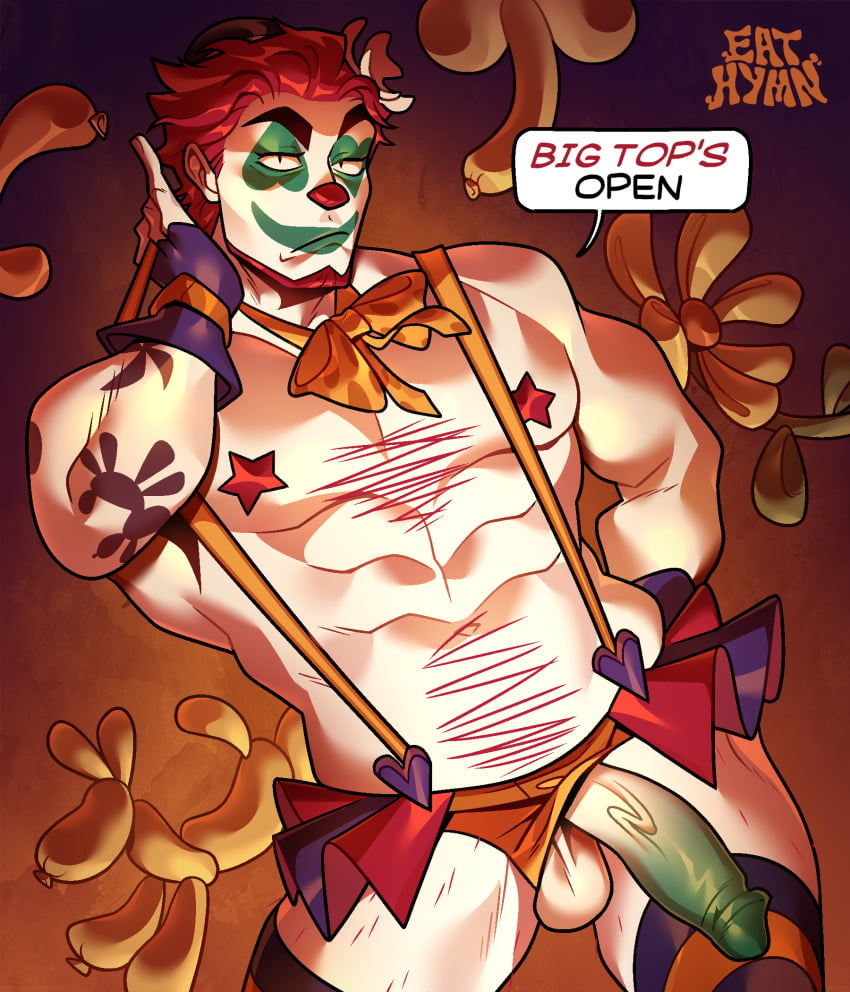 1boy abs balloon balloon_animal bara beard clown clown_nose eat_hymn facial_hair gay halloween haunted_hookups male male_only muscle muscular muscular_male original_character parody partially_clothed solo_male stripper