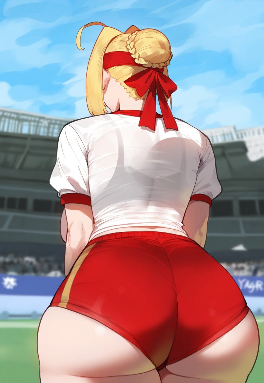 1girls ai_generated ass ass_focus blonde_hair bloomers booty_shorts breasts dat_ass fate/grand_order fate_(series) female floox green_eyes gym_clothes gym_uniform hi_res hips huge_ass huge_breasts light-skinned_female light_skin naughty_face nero_claudius_(fate) nero_claudius_(olympian_bloomers) short_shorts shorts solo sportswear stable_diffusion thiccwithaq_(ai_style) thick_thighs thighs wide_hips