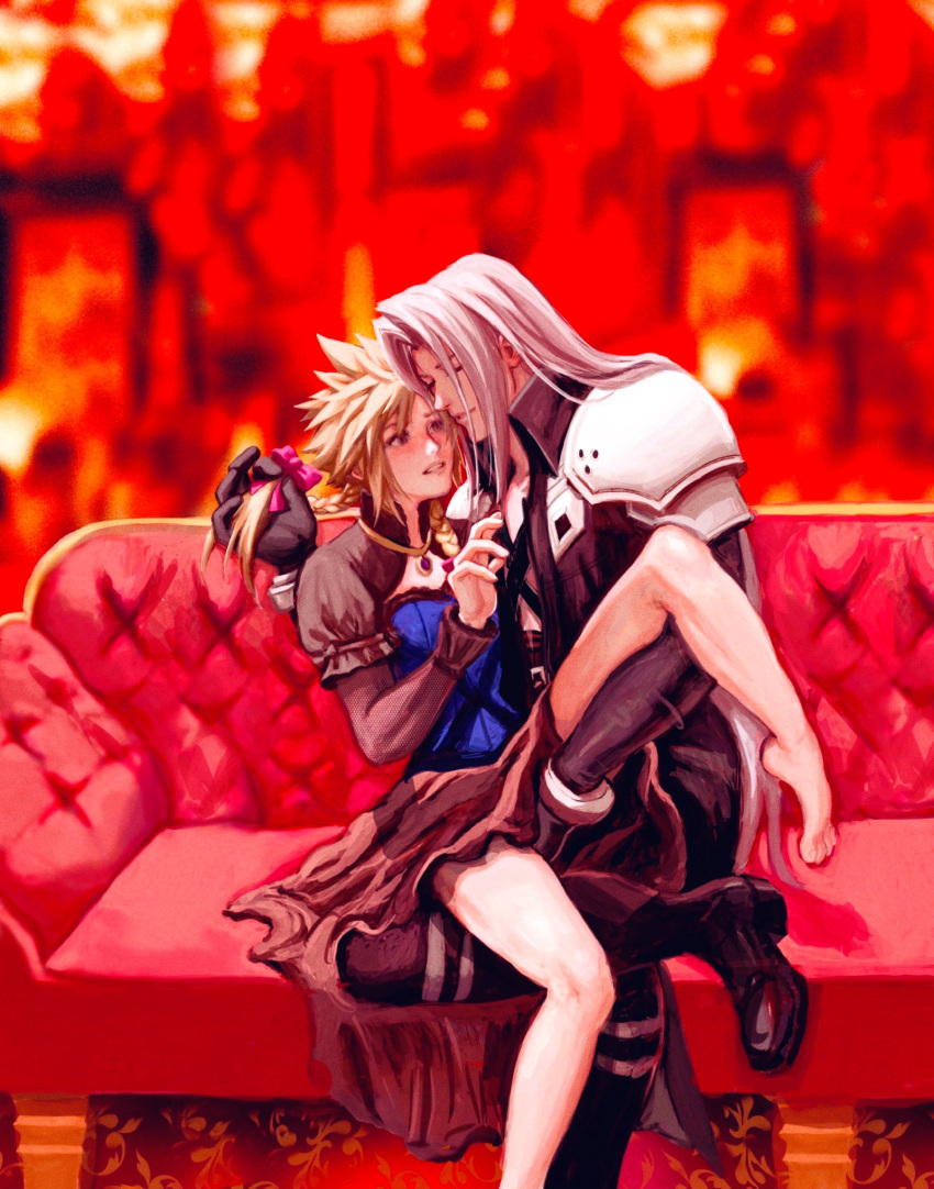 2boys blonde_hair blush braid chocobowings closed_eyes cloud_strife color couch crossdressing dress dress_lift femboy feminine_male final_fantasy final_fantasy_vii gay grabbing groping long_hair male male/male sephiroth silver_hair sitting spiky_hair square_enix tagme thighs yaoi