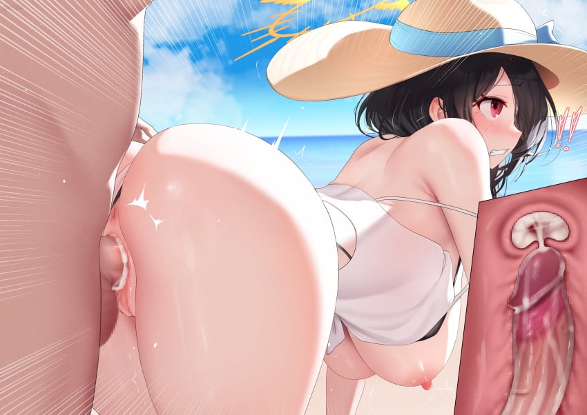 1boy 1girls absurd_res almost_nude ass beach black_hair blue_archive blush breasts censored clenched_teeth clothing cross_section cum cum_in_pussy cum_in_uterus cum_inside doggy_style eyebrows_visible_through_hair female from_behind gweda hat hi_res hinata_(blue_archive) hinata_(swimsuit)_(blue_archive) legs_together long_hair male mosaic_censoring motion_lines nipples penetration penis public_sex pussy red_eyes sex sex_on_the_beach shiny_skin sisterhood_(blue_archive) teeth trinity_general_school_student uterus vaginal_penetration