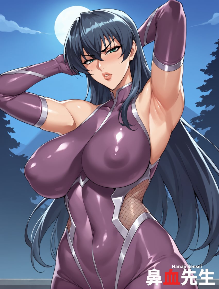 ai_generated armpits arms arms_up bare_shoulders blue_hair bodysuit breasts hanajisensei huge_breasts igawa_asagi large_breasts lilith-soft mature mature_female ninja skin_tight slender_waist taimanin_(series) taimanin_asagi taimanin_asagi_battle_arena taimanin_suit 鼻血先生