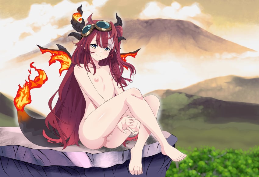 1girls 2024 absurdres blue_eyes breasts censored cleft_of_venus cloud cloudy_sky commission crossed_fingers dragon dragon_girl dragon_horns dragon_tail feet female female_focus female_only flame-tipped_tail flat_chest flat_chested goggles goggles_on_head highres horns kiniro_tofu lava_dragon legs light-skinned_female light_skin long_hair looking_at_viewer mountain multicolored_hair neck nipples nude outside phase_connect phase_euphoria pussy rock saya_sairroxs sitting sky smile tail thighs toes tree uncensored virtual_youtuber vtuber wings