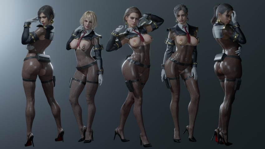 3d 5girls abs ada_wong ada_wong_(adriana) ashley_graham ashley_graham_(ella_freya) ass big_breasts blonde_hair bodystocking bodysuit brown_skin claire_redfield claire_redfield_(jordan_mcewen) curvy dark-skinned_female female female_only gloves high_heels jill_valentine jill_valentine_(sasha_zotova) jojo_reference large_ass large_breasts light-skinned_male multiple_girls pantyhose resident_evil resident_evil_2 resident_evil_2_remake resident_evil_3 resident_evil_3_remake resident_evil_4 resident_evil_4_remake resident_evil_5 sheva_alomar strauzek thighs toned toned_female