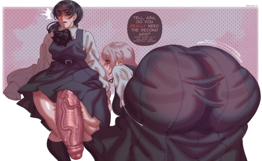 1futa 1girls ass black_hair blush bottom_heavy bottomless breasts chainsaw_man clothed clothing dialogue duo embarrassed english_text erection fami_(chainsaw_man) female futanari hi_res huge_ass huge_cock huge_hips human humanoid_penis hyper large_ass light-skinned_futanari light_skin mawiedz mitaka_asa mostly_clothed penis red_eyes school_uniform shemale short_hair simple_background standing surprised thick_thighs twintails veiny_penis voluptuous wide_hips