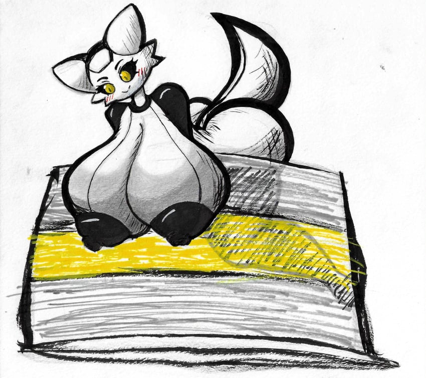 anthro areola big_areola big_breasts big_nipples birthday_cake black_areola black_body black_sclera blush blush_lines breasts cake dessert food hi_res huge_breasts hyper hyper_breasts marker_(artwork) nipples raised_tail robot_anthro sheebibites tail traditional_media_(artwork) white_body yellow_eyes