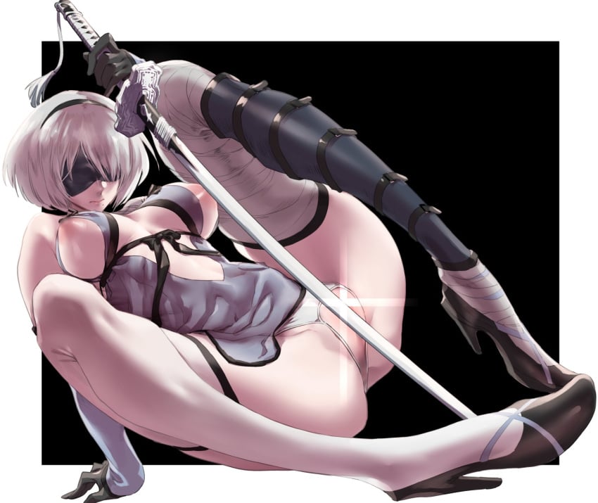 ass asymmetrical_clothes bandage_on_neck bandaged_arm bandaged_leg bandaged_neck bandages black_blindfold black_hairband blindfold breasts cleavage convenient_censoring cosplay covered_eyes female flower gloves hair_ornament hairband highres kaine_(nier)_(cosplay) lingerie mole mole_under_mouth negligee nier nier:_automata nier_(series) nipples panties short_hair solo thigh_bands underwear white_hair yorha_2b zunta