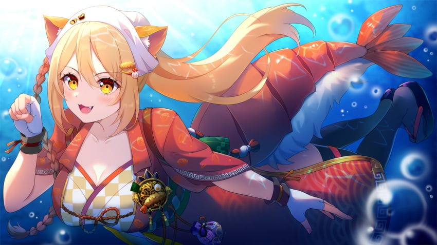 60mai animal_ears blonde_hair braid breasts cat_ears cleavage collarbone ebiko_(vtuber) female fingerless_gloves gloves hair_ornament japanese_clothes kimono large_breasts long_hair oerba_yun_fang open_mouth orange_eyes smile solo tail thighhighs underwater virtual_youtuber yellow_eyes