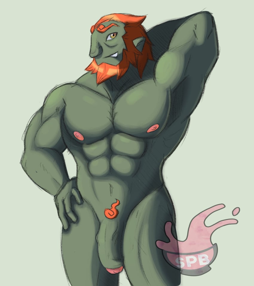 balls bara beard facial_hair flaccid ganondorf ganondorf_(wind_waker) gerudo green_body green_skin hand_behind_head male male_only muscles muscular nintendo nude penis red_hair solo solo_male spikedpunchbowl the_legend_of_zelda toony wind_waker