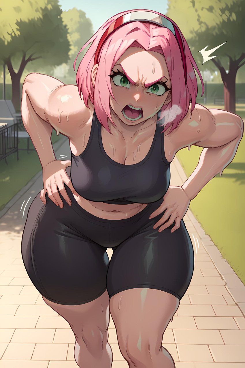 1girls ai_generated angry ass azure_(artist) bike_shorts breasts dumptruck_ass jogging large_breasts looking_at_viewer nai_diffusion naruto naruto_(series) open_mouth outdoors outside pink_hair rizdraws_(ai_style) running sakura_haruno short_hair spats sports_bra stable_diffusion wide_hips