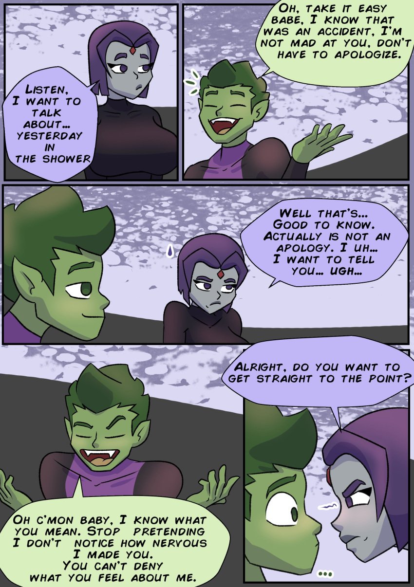 beast_boy big_breasts breasts comic comic_page couple dc dc_comics dialogue evil_raccoon garfield_logan green_eyes green_hair green_skin grey_body leotard purple_eyes purple_hair rachel_roth raven_(dc) short_hair teen_titans thick_thighs video_games