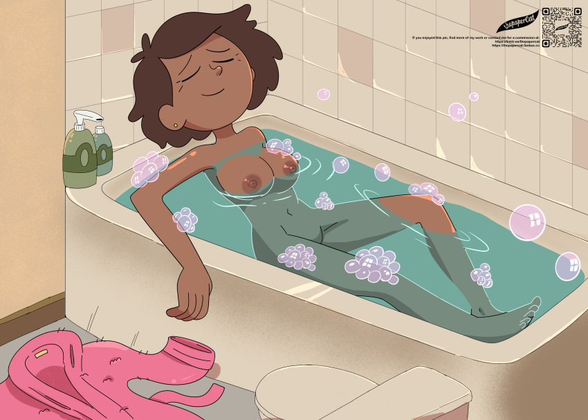 1girls absurd_res absurdres amphibia bath bathing bathroom bathtub big_breasts breasts brown_hair closed_eyes dark-skinned_female dark_skin disney female female_only high_resolution highres milf mrs._boonchuy nipples nude nude_female oum_boonchuy partially_submerged pleasure_face relaxing solo thai thai_female thepapercat