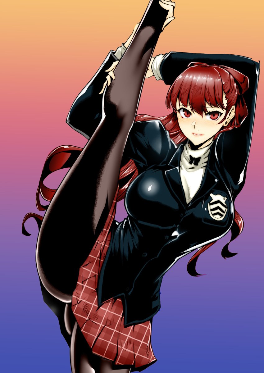 1girls 2d acrobatic big_breasts blazer blush color curvy_thighs gggg hair_ribbon kasumi_yoshizawa leg_above_head leg_grab leg_up long_ponytail persona persona_5 persona_5_royal red_eyes red_hair school_uniform simple_background skirt solo stretching sumire_yoshizawa sweat tagme