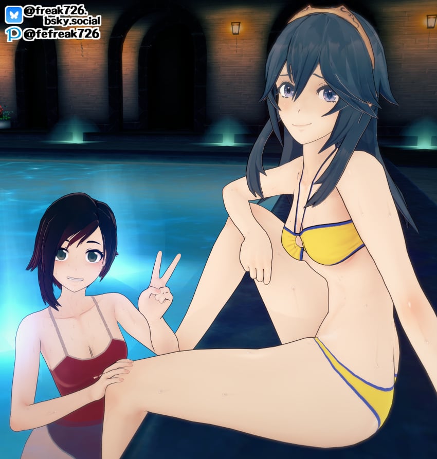 2girls 3d bikini black_eyes black_hair blue_eyes blue_hair breasts crossover eastern_and_western_character fefreak726 female female_only fire_emblem fire_emblem_awakening grin long_hair looking_at_viewer lucina_(fire_emblem) medium_breasts multicolored_hair multiple_girls nintendo o-ring o-ring_bikini one-piece_swimsuit outdoors partially_submerged pool red_one-piece_swimsuit red_swimsuit ruby_rose rwby short_hair small_breasts smile swimsuit symbol-shaped_pupils v yellow_bikini yellow_swimsuit